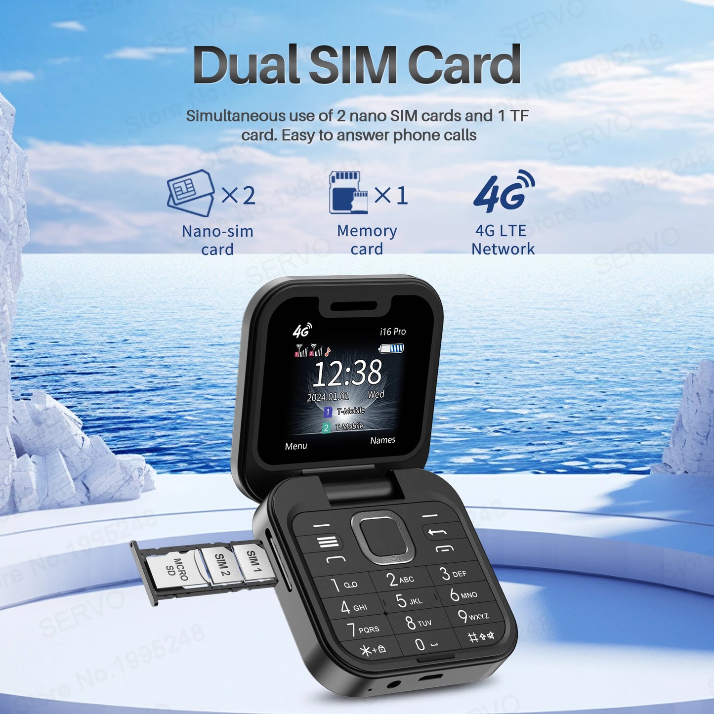 SERVO i16 Pro 4G Mini Flip Phone – Dual SIM, Call Recording, Speed Dial, FM Radio, Blacklist