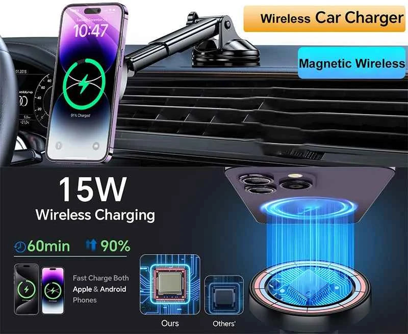 UYUXIO 15W Magnetic Wireless Car Charger and Dashboard Mount for iPhone 16 15 14 12