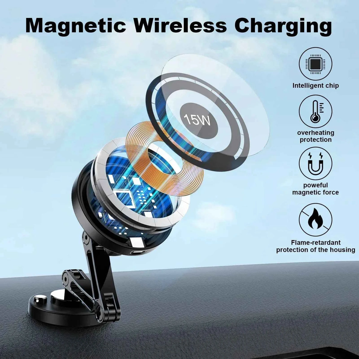 15W Magnetic Wireless Car Charger Mount for iPhone 16 15 14 13 12