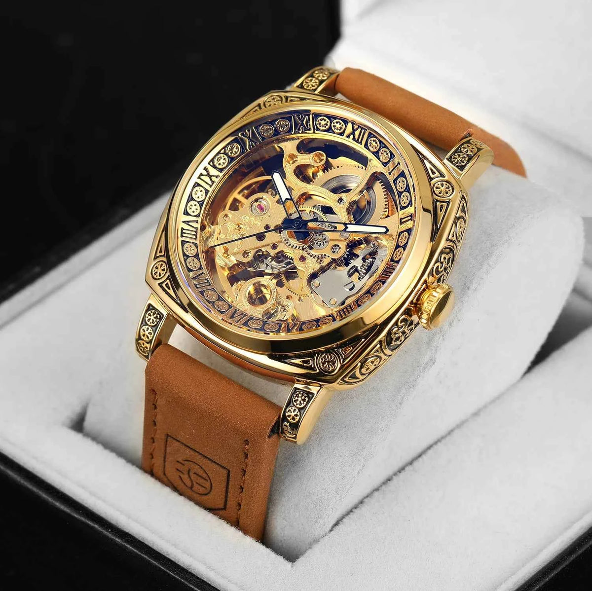 Forsining Royal Retro Skeleton Automatic Mechanical Watch for Men Leather Strap Business Casual Mens Watches Top Brand Gifts New