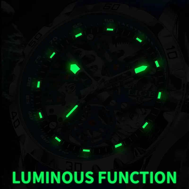 LIGE Fashion Business Mechanical Man Watch Casual Sport Waterproof Silicone Skeleton Tourbillon Luminous Clock Automatic Watches