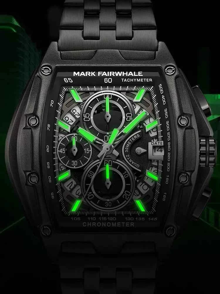 2024 New Mark Fairwhale Cool Black Watch For Mens Luxury Steel Tonneau Clocks Man Fashion Multifunction Quartz Wristwatch Reloj