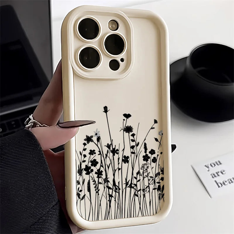 Black Flower Silicone Phone Case – Fits iPhone 7 to 16 Pro Max, XR, X, XS, SE – Soft Protective Cover