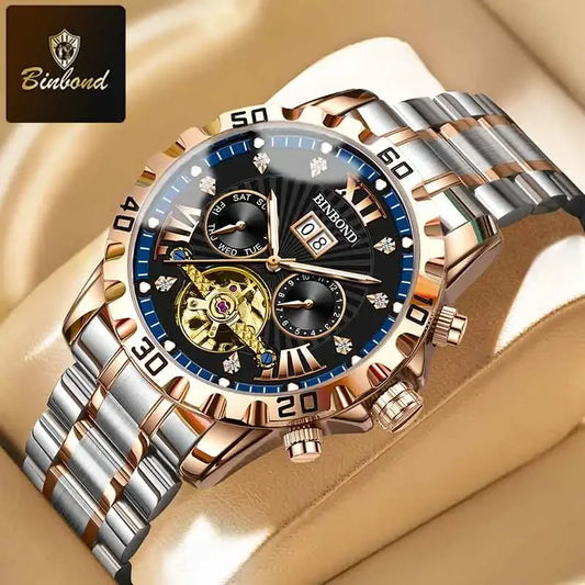 BINBOND Fashion Automatic Mechanical Watch for Men Luxury Tourbillon Skeleton Wristwatch Stainless Steel Waterproof Man Watch
