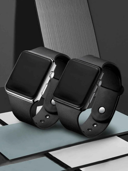 2 Stylish Simple Rectangular Silicone Men's Electronic Watch Travel All-Purpose Birthday Gifts