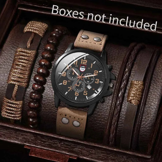 4PCS/Set  Men Sports Calendar Watches Casual Leather Strap Male's Quartz Watch Bracelets Set Reloj Hombre（Without Box）