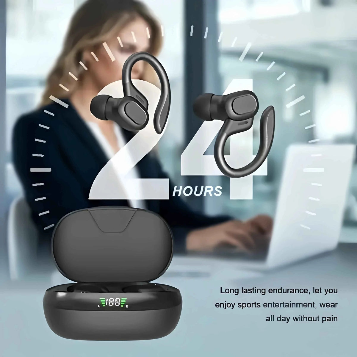 True Wireless Sports Ear Clip Headphones with LED Display