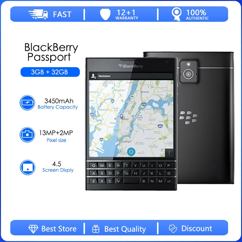 BlackBerry Passport Q30 Refurbished – 4G LTE, 3GB RAM, 32GB, 13MP, QWERTY Keyboard, BlackBerry OS