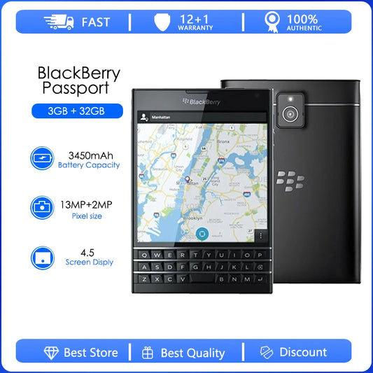 BlackBerry Passport Q30 Refurbished – 4G LTE, 3GB RAM, 32GB, 13MP, QWERTY Keyboard, BlackBerry OS