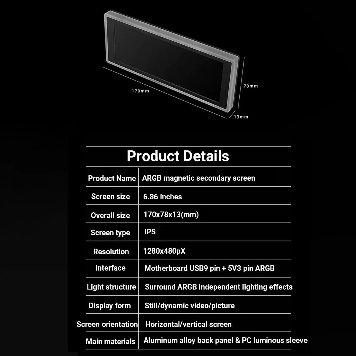 6.86" HD Smart Secondary Display for PC Case – Custom Dynamic Theme Side Screen