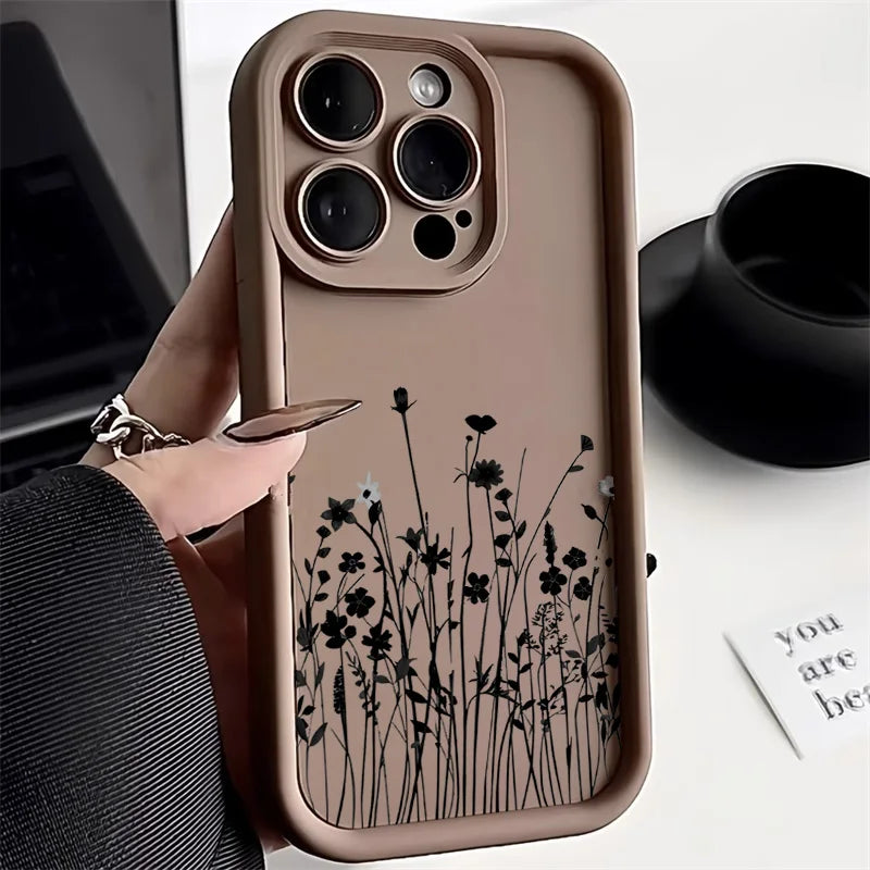 Black Flower Silicone Phone Case – Fits iPhone 7 to 16 Pro Max, XR, X, XS, SE – Soft Protective Cover