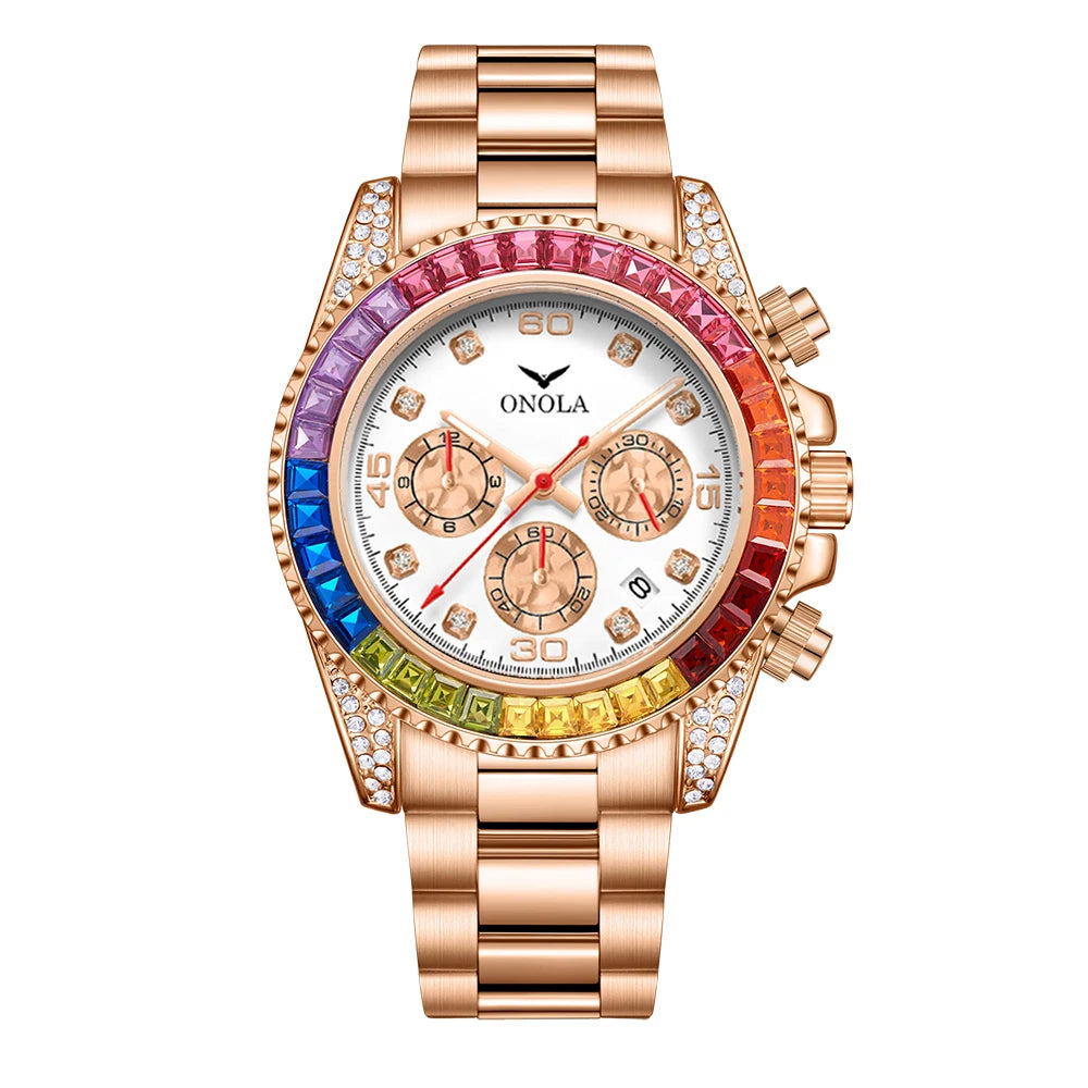 TOP Business Gold Quartz Watch Men's ONOLA Colorful Diamond Stainless Steel with Waterproof Men Watch Clock
