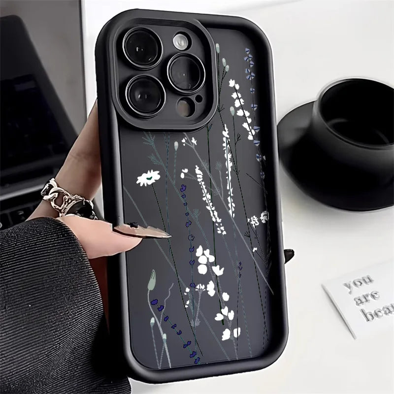 Black Flower Silicone Phone Case – Fits iPhone 7 to 16 Pro Max, XR, X, XS, SE – Soft Protective Cover
