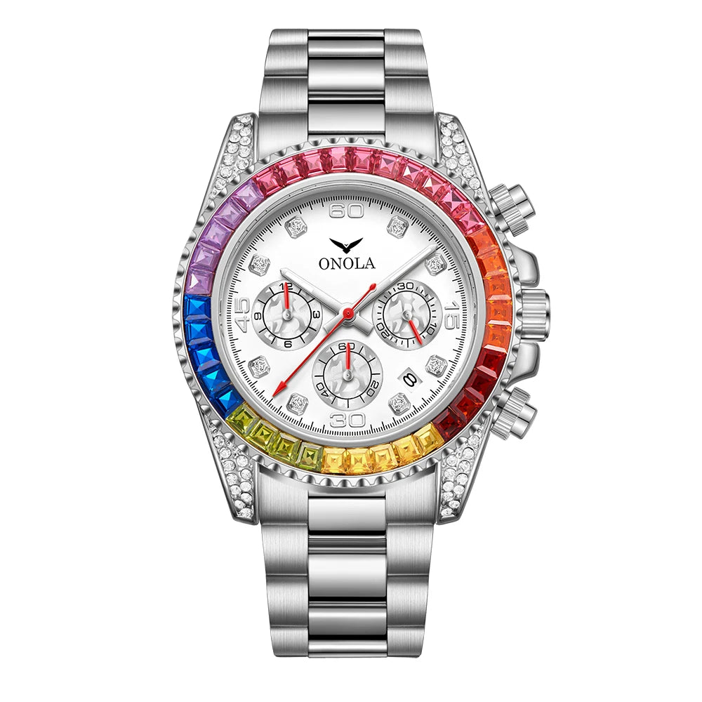 TOP Business Gold Quartz Watch Men's ONOLA Colorful Diamond Stainless Steel with Waterproof Men Watch Clock