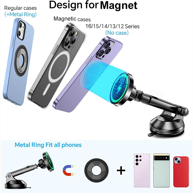 UYUXIO 15W Magnetic Wireless Car Charger and Dashboard Mount for iPhone 16 15 14 12