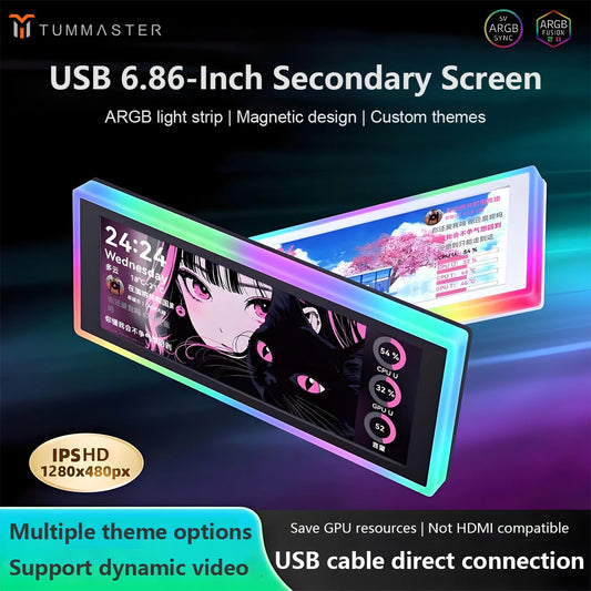 Smart Secondary Screen for PC Case, 6.86 Inch Custom HD Dynamic Theme Display, Small Expandable Display Side Screen