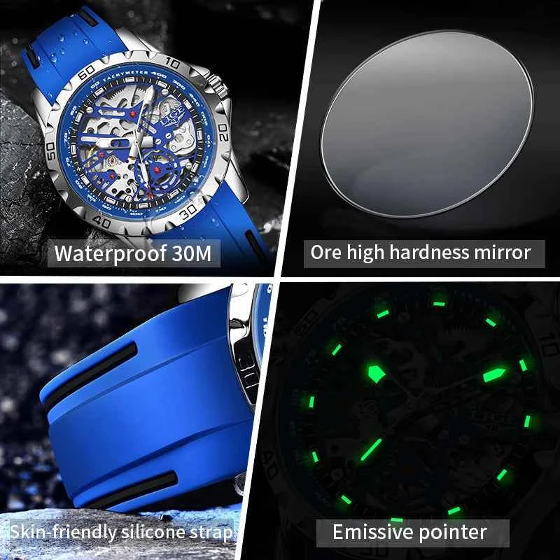 LIGE Top Brand Luxury Mechanical Tourbillon Watch Fashion Business Sport Waterproof Luminous Silicone Skeleton Automatic Watches