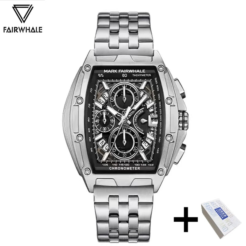 2024 New Mark Fairwhale Cool Black Watch For Mens Luxury Steel Tonneau Clocks Man Fashion Multifunction Quartz Wristwatch Reloj