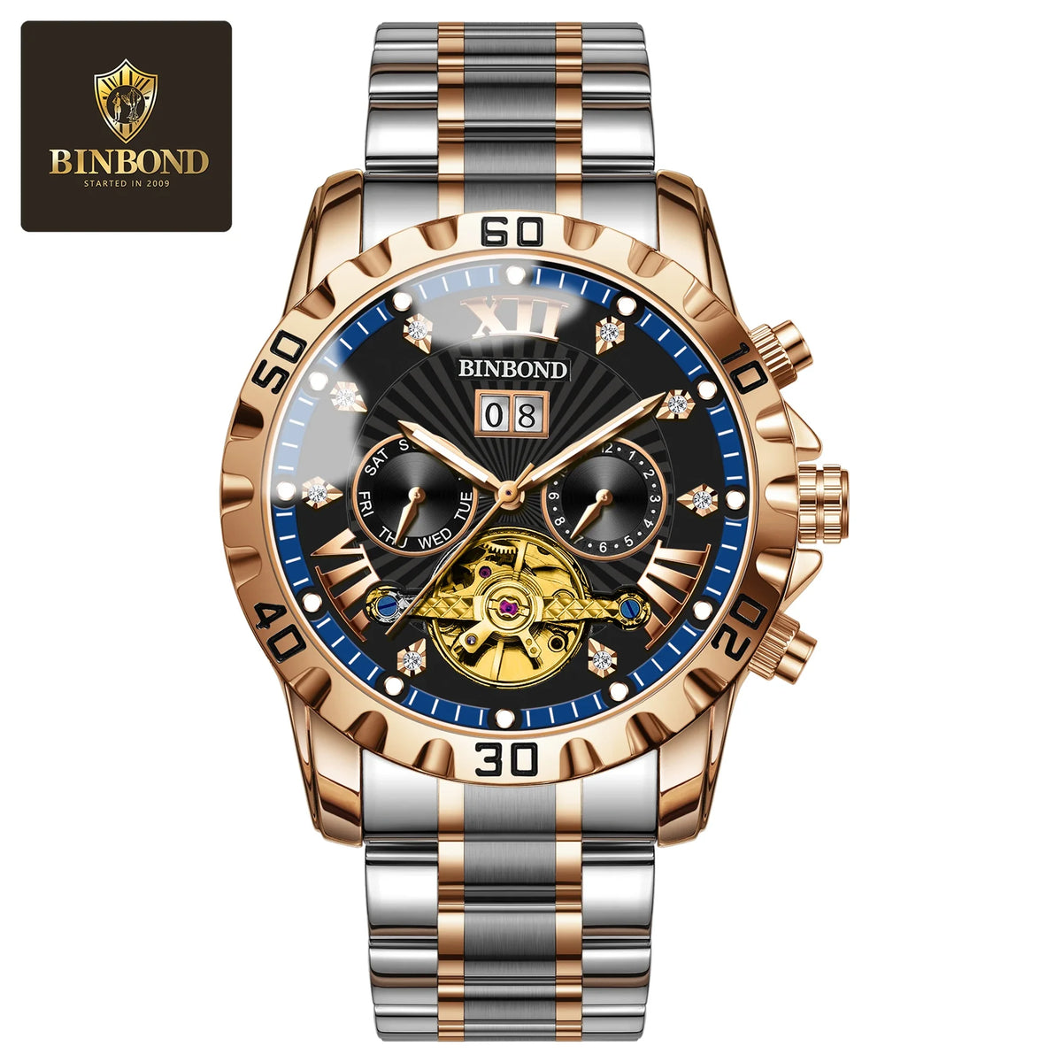 BINBOND Fashion Automatic Mechanical Watch for Men Luxury Tourbillon Skeleton Wristwatch Stainless Steel Waterproof Man Watch