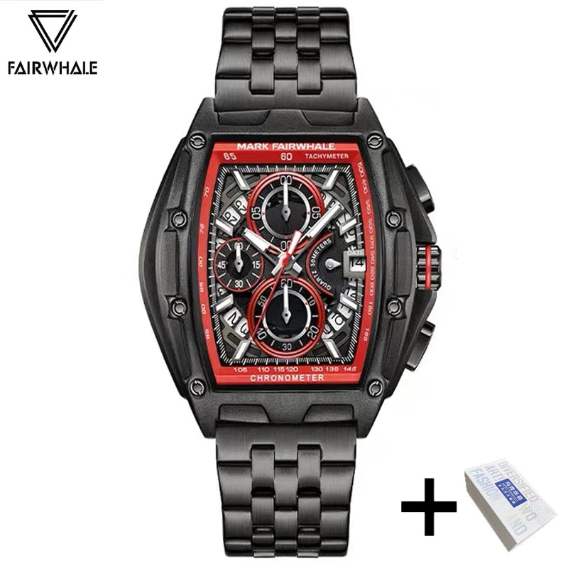 2024 New Mark Fairwhale Cool Black Watch For Mens Luxury Steel Tonneau Clocks Man Fashion Multifunction Quartz Wristwatch Reloj