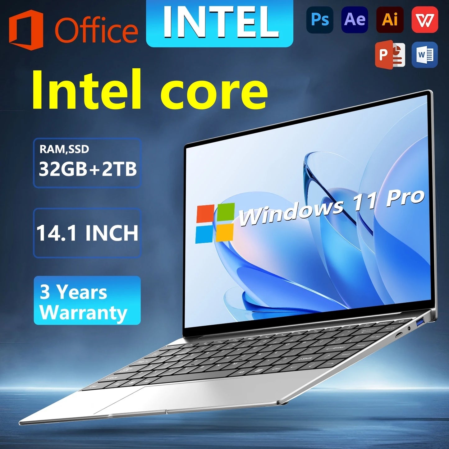 2026 Ultra-Thin 14.1" Gaming Laptop – Intel Core Processor, 32GB RAM, Up to 2TB SSD, Windows 11