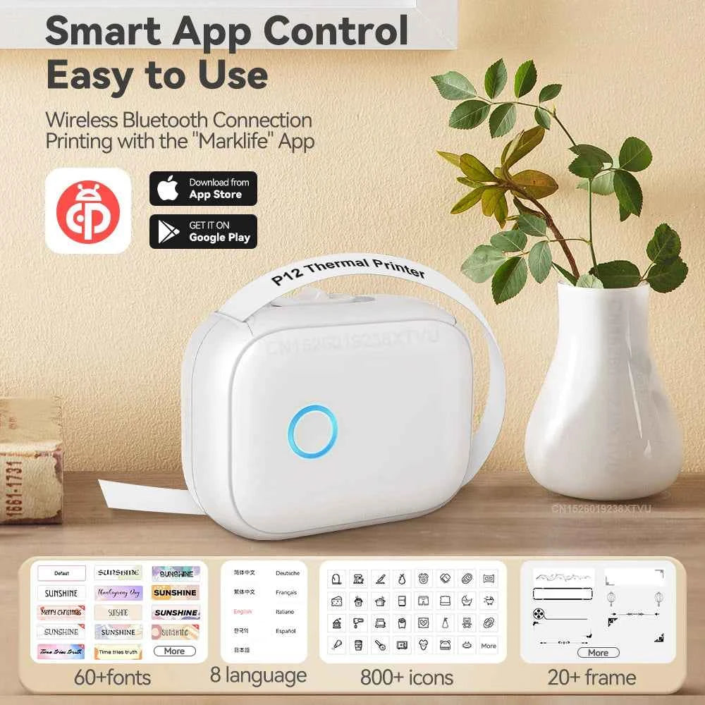 Mini Label Printer Marklife P12 Self-adhesive Sticker Printer P12 Portable Thermal Labeling Machine With Cutter or 1PK Label Tap