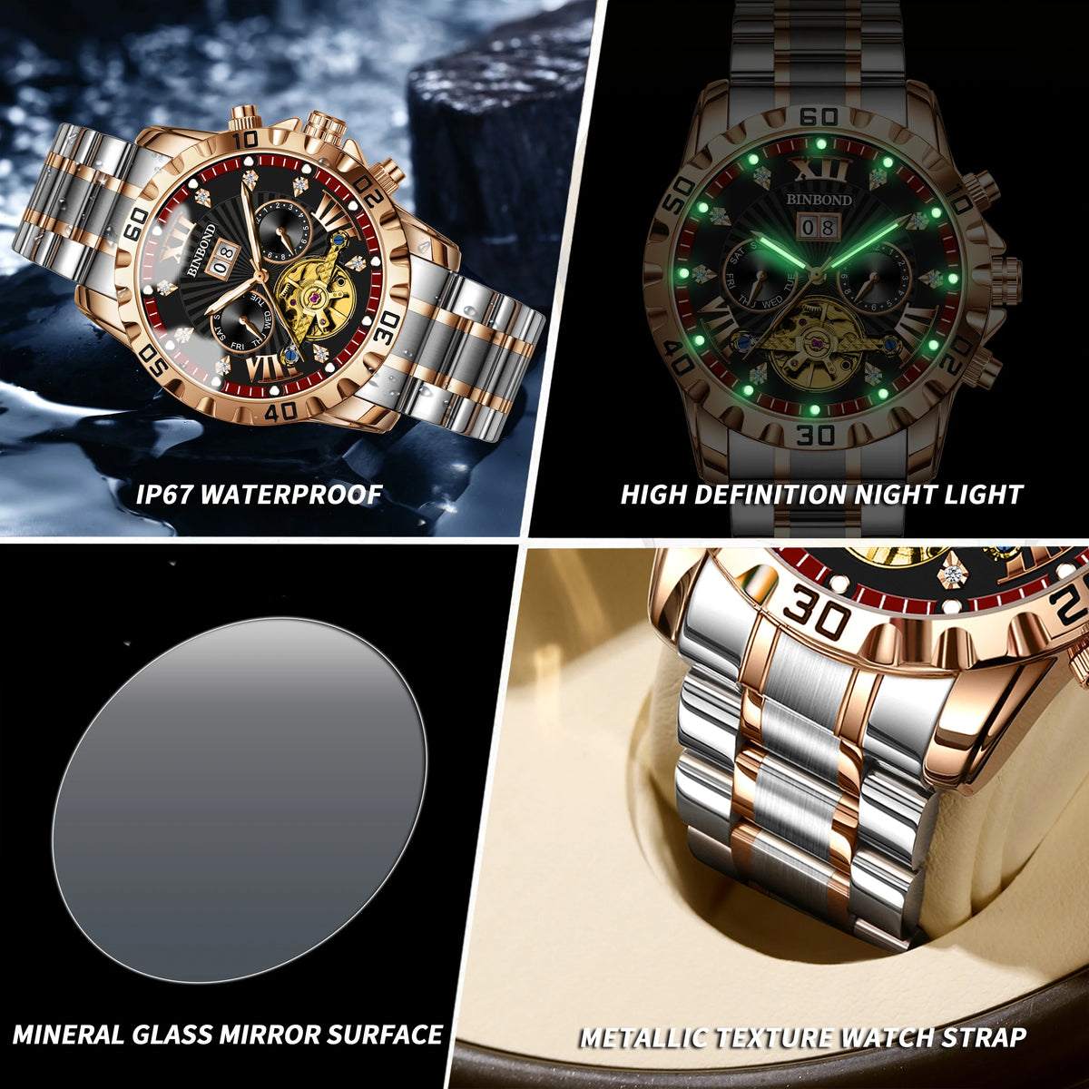 BINBOND Fashion Automatic Mechanical Watch for Men Luxury Tourbillon Skeleton Wristwatch Stainless Steel Waterproof Man Watch