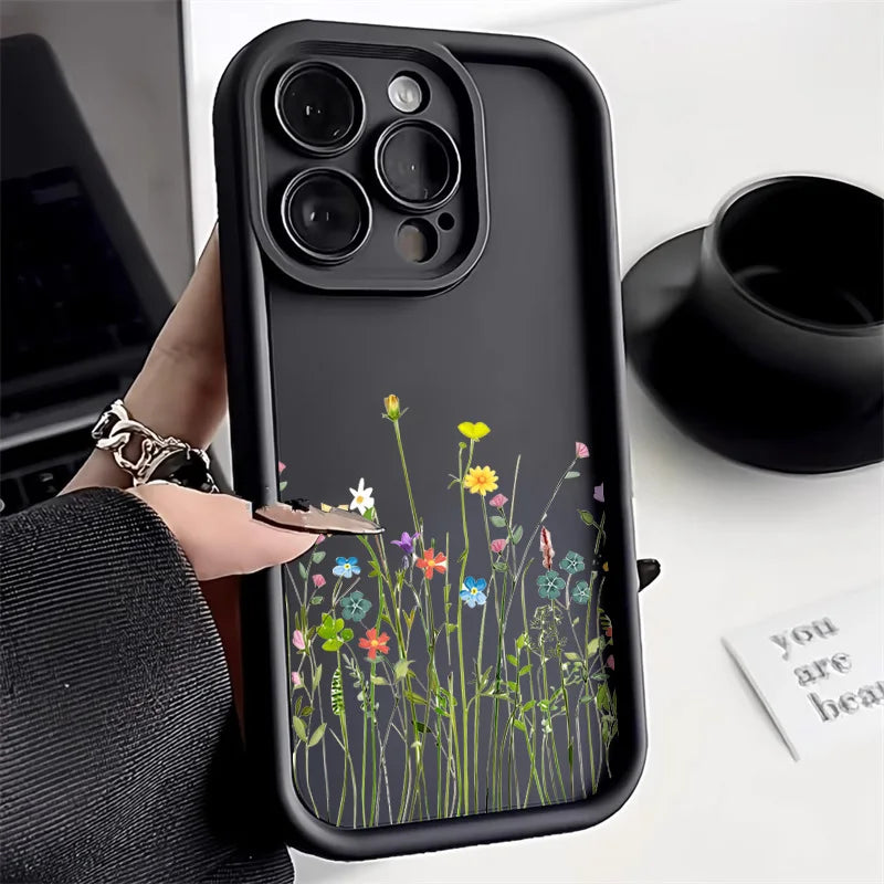 Black Flower Silicone Phone Case – Fits iPhone 7 to 16 Pro Max, XR, X, XS, SE – Soft Protective Cover