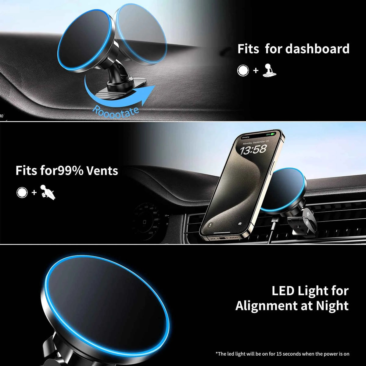 15W Magnetic Wireless Car Charger Mount for iPhone 16 15 14 13 12 Pro Max
