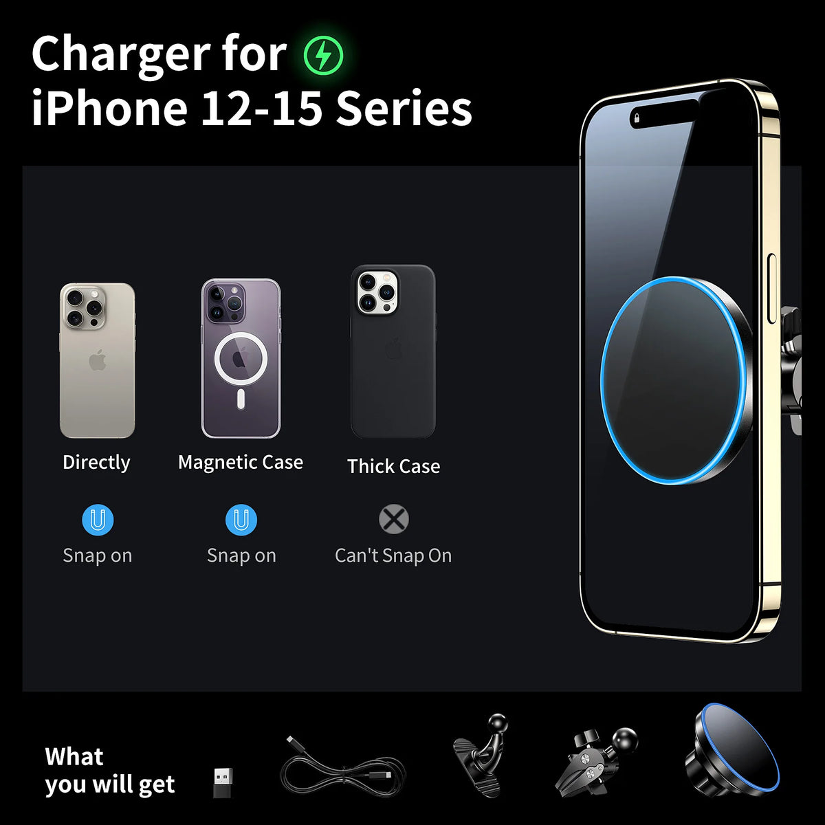 15W Magnetic Wireless Car Charger Mount for iPhone 16 15 14 13 12 Pro Max