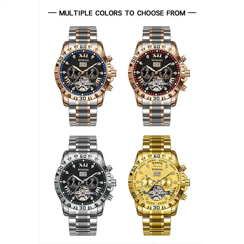 BINBOND Fashion Automatic Mechanical Watch for Men Luxury Tourbillon Skeleton Wristwatch Stainless Steel Waterproof Man Watch