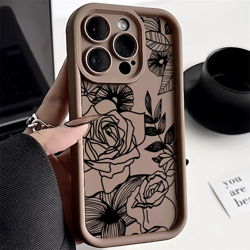 Black Flower Silicone Phone Case – Fits iPhone 7 to 16 Pro Max, XR, X, XS, SE – Soft Protective Cover