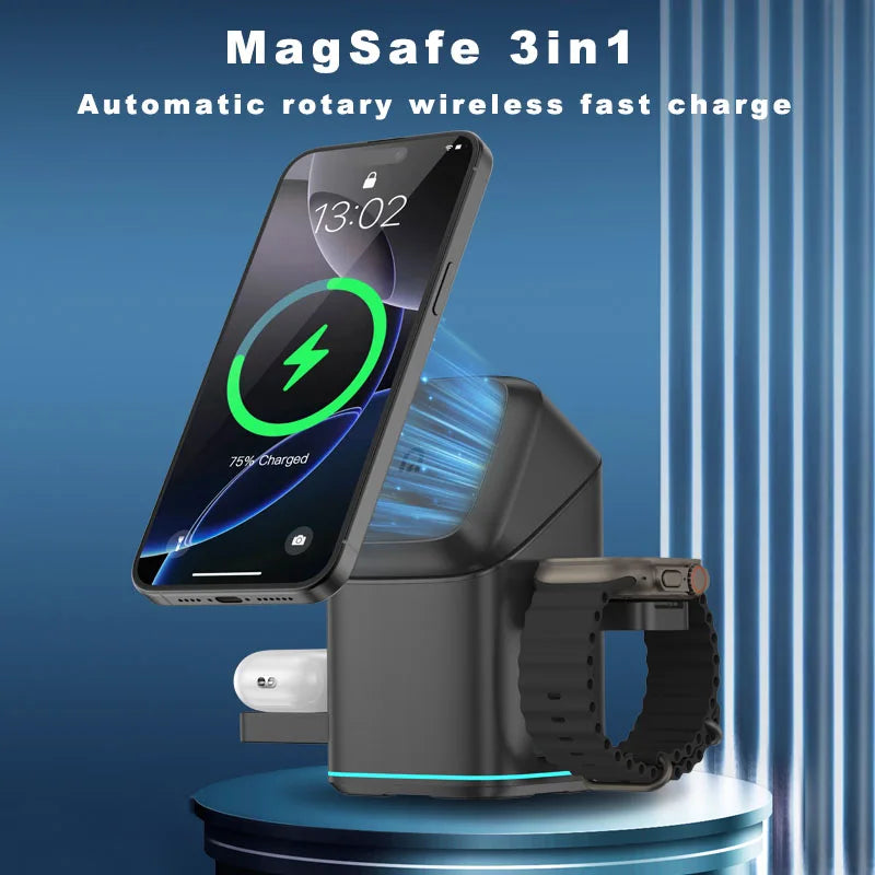 3-in-1 Rotating Magnetic Wireless Charging Station for Phone, Watch & Earbuds