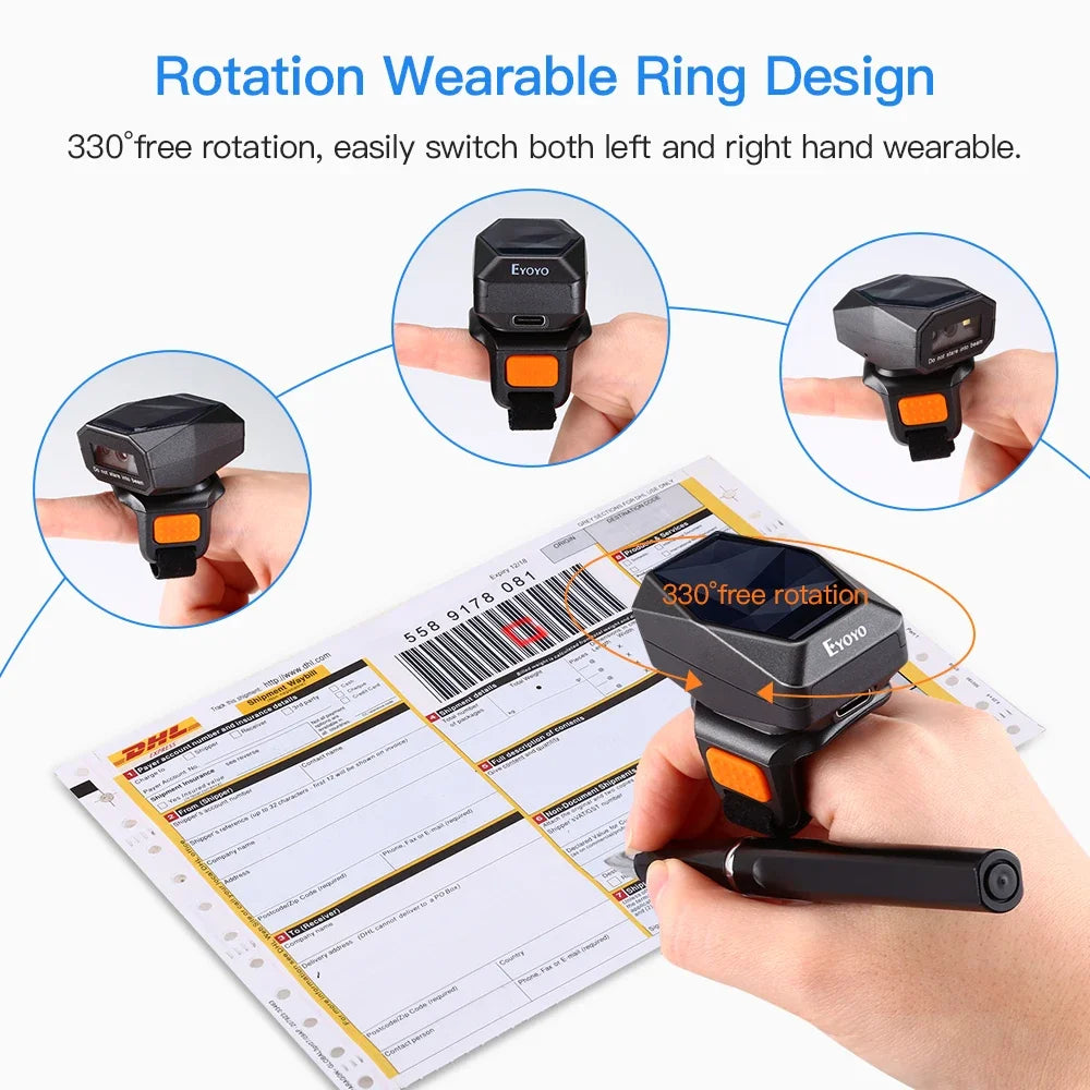 Eyoyo EY-016 2D Wearable Ring Barcode Scanner Mini Portable 3-in-1 USB Wired 2.4G Wireless Bluetooth Finger Scanner iPad iPhone