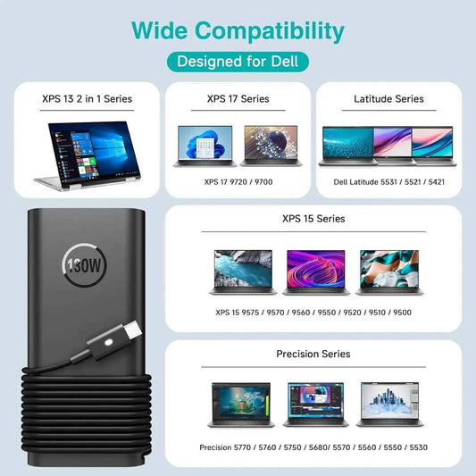 130W USB/TYPE-C Laptop Power Adapter Slim For Dell Xps15 17 Precision 5550 5530 Latitude 7410 7310 7210 9410 9510 5420 5520 5510