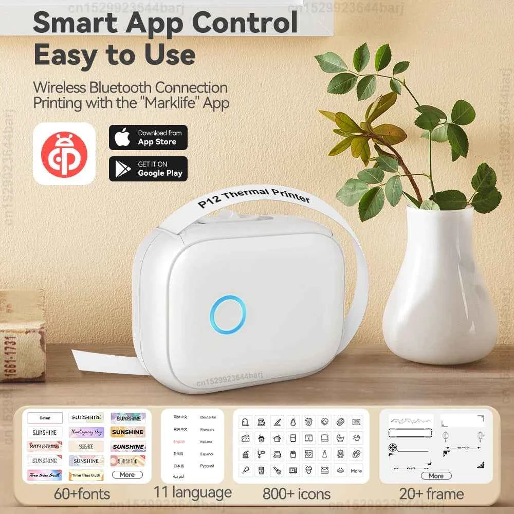 Thermal Label Printer P12 Mini Portable Label Maker Wireless Bluetooth Handheld Continuous Label Machine or 2PK P12 Label Paper