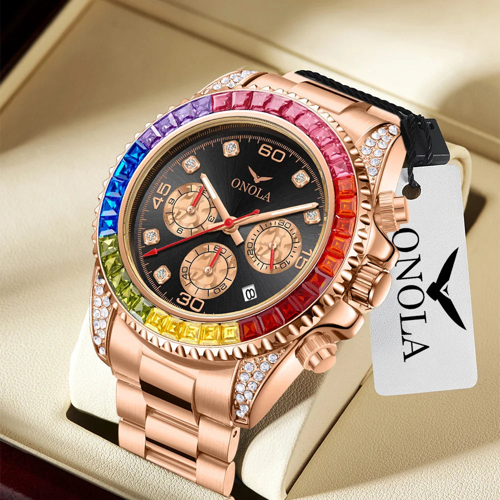 TOP Business Gold Quartz Watch Men's ONOLA Colorful Diamond Stainless Steel with Waterproof Men Watch Clock