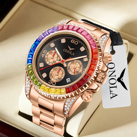 TOP Business Gold Quartz Watch Men's ONOLA Colorful Diamond Stainless Steel with Waterproof Men Watch Clock