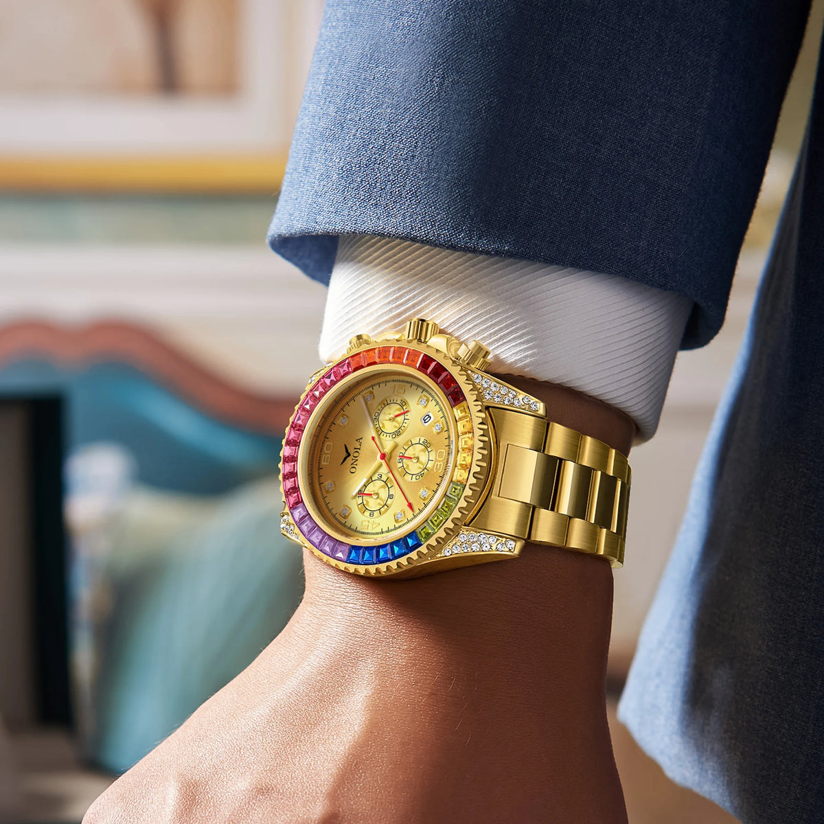 TOP Business Gold Quartz Watch Men's ONOLA Colorful Diamond Stainless Steel with Waterproof Men Watch Clock
