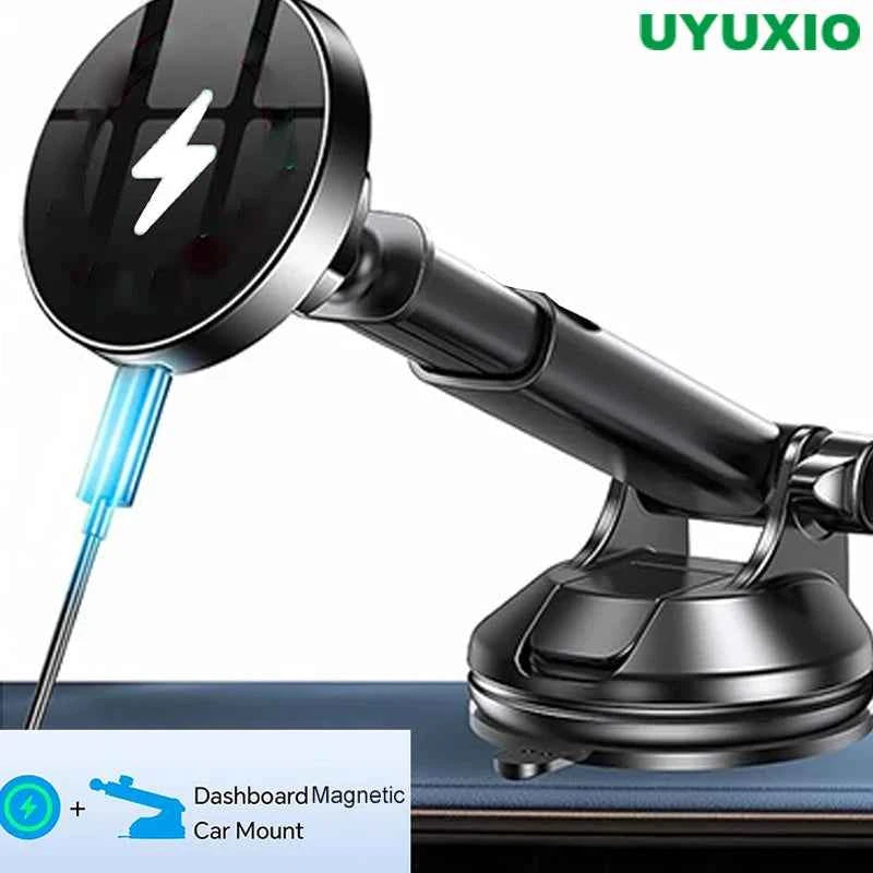 UYUXIO 15W Magnetic Wireless Car Charger and Dashboard Mount for iPhone 16 15 14 12